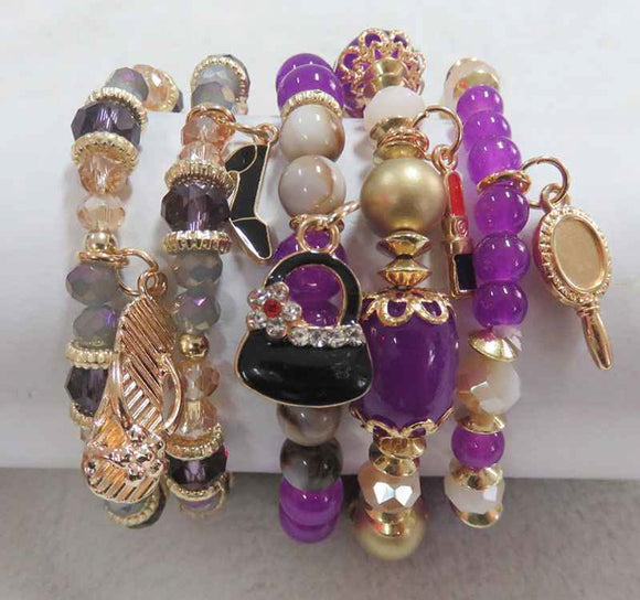 GOLD PURPLE STRETCH BRACELETS BEAUTY CHARMS ( 5902 GPP )