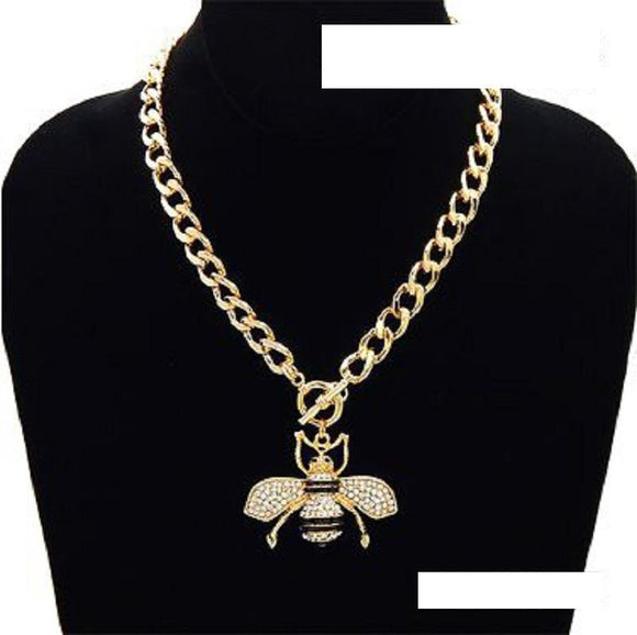 GOLD BLACK ENAMEL CLEAR RHINESTONE BEE TOGGLE NECKLACE ( 3438 ) - Ohmyjewelry.com