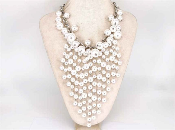 SILVER WHITE PEARL NECKLACE SET ( 1448 RHWT )