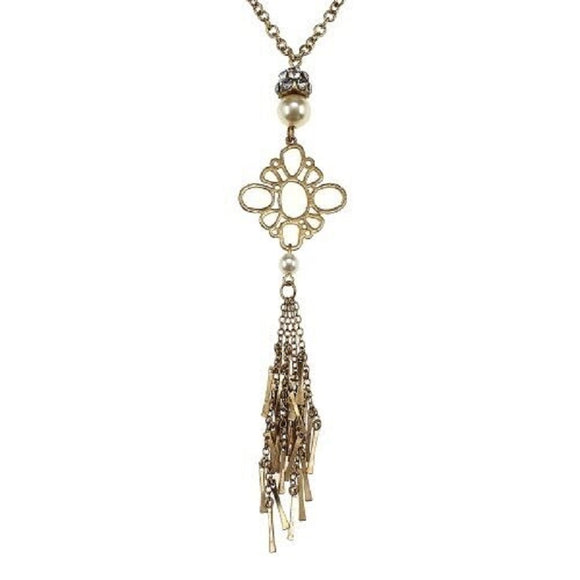 Long Gold Necklace with Unique Metal Tassel and Pearl Beads ( 9030 )