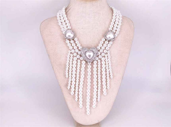 WHITE SILVER PEARL HEART NECKLACE SET ( 1302 RHWT )