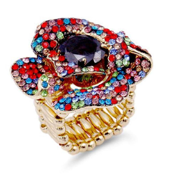 GOLD FLOWER STRETCH RING MULTI COLOR STONES ( 2172 GDMMT ) - Ohmyjewelry.com