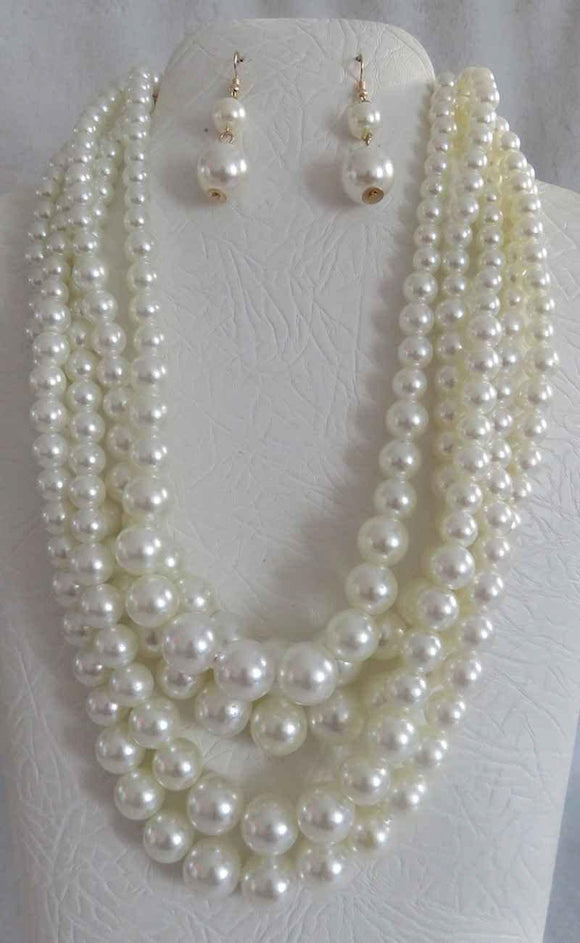 5 STRAND CREAM PEARL NECKLACE WITH MATCHING EARRINGS ( 3869 CRM ) - Ohmyjewelry.com