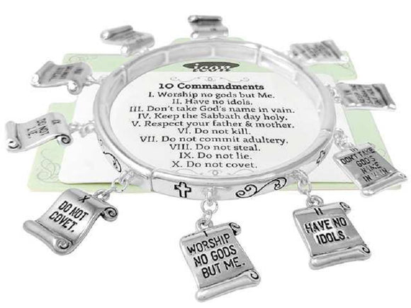 SILVER STRETCH BRACELET 10 COMMANDMENTS CHARMS ( 01344 AS )