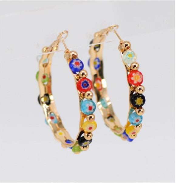 GOLD HOOP EARRINGS MULTI COLOR BEADS ( 1930 GLMLT )