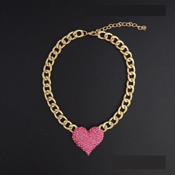 GOLD NECKLACE PINK RHINESTONES HEART PENDANT ( 9091 GDPNK ) - Ohmyjewelry.com