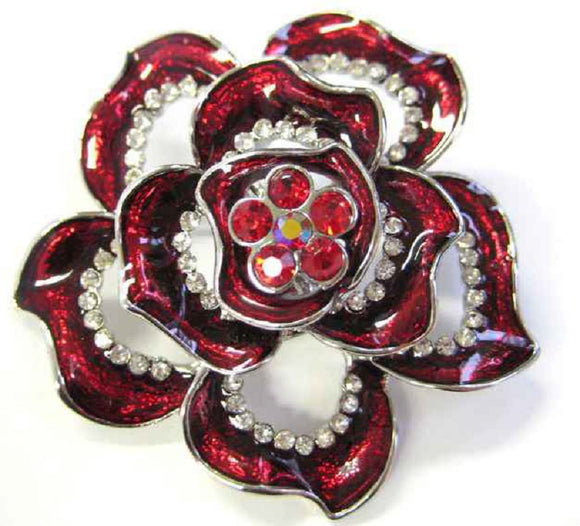 SILVER RED FLOWER BROOCH CLEAR RED STONES ( 2826 RD )