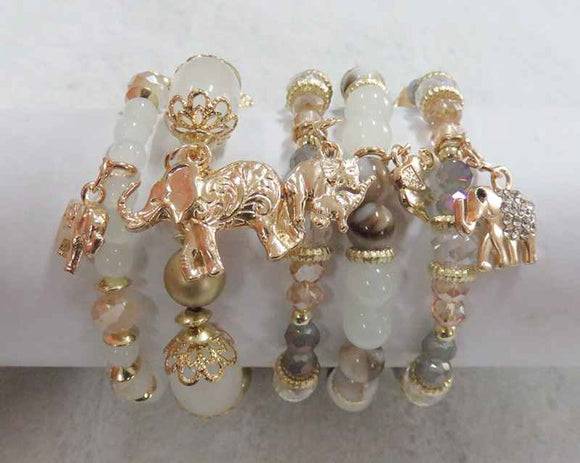 GOLD WHITE STRETCH BRACELETS ELEPHANTS(5901WH)
