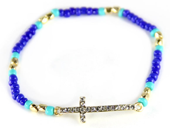 BLUE AND GOLD STRETCH BRACELET WITH GOLD CROSS ( 6573 )