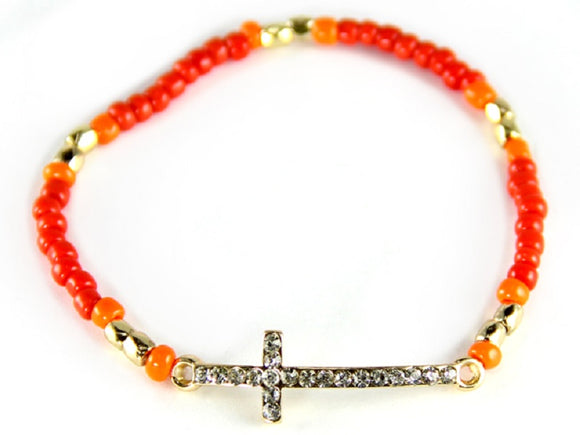 GOLD AND CORAL STRETCH BRACELET WITH GOLD CROSS ( 6573 )