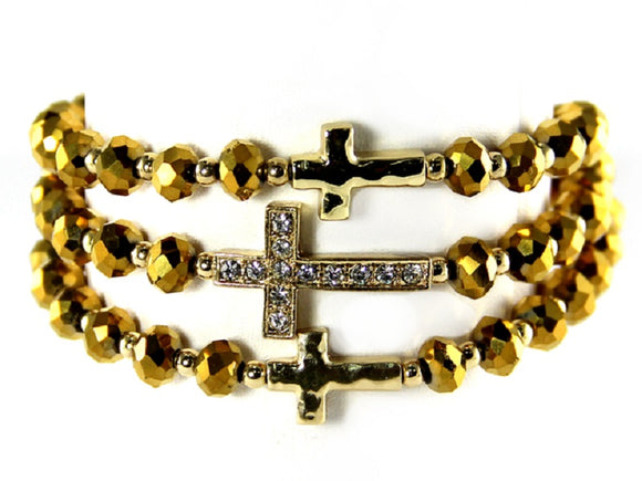 3 LAYER TOPAZ BEAD STRETCH BRACELET WITH CROSSES ( 6603 )