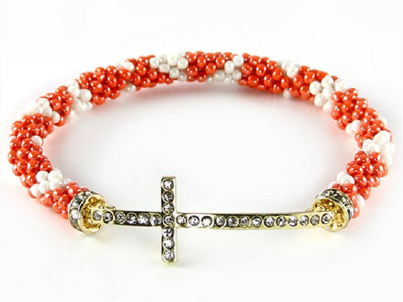CORAL AND WHITE NEPAL BEADED GOLD CROSS BRACELET ( 6610 GCO )