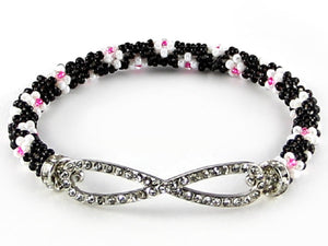 BLACK WHITE BEAD STRETCH BRACELET INFINITY CLEAR STONES ( 6612 BRJ )