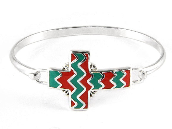 SILVER TUQUOISE CORAL CROSS BANGLE ( 7192 STQC )