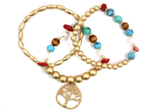GOLD STRETCH BRACELETS TURQUOISE RED WHITE STONES TREE OF LIFE ( 5072 MGMU )