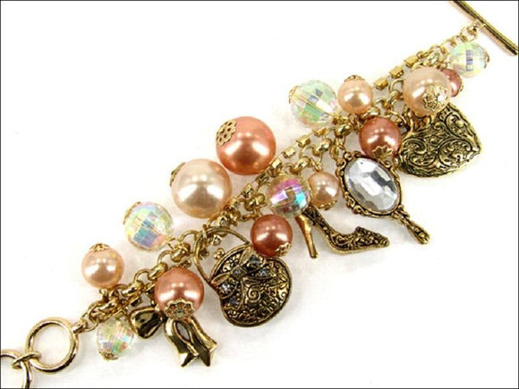 Chunky Peach Pearl, Gold Handbags, and Shoes Charm Bracelet ( 4601 AGPL ) - Ohmyjewelry.com