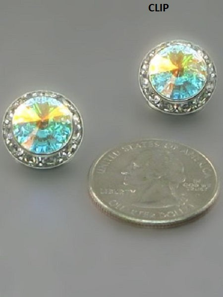 16mm Medium Silver AB and Clear Rondelle Crystal Clip On Earrings (MRE 47 11 CLIP )