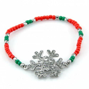 Rhinestone Snowflake and Red and Green Beaded Stretch Bracelet Christmas Holiday ( 6046 )