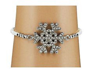 Rhinestone Snowflake and White Beaded Stretch Bracelet Christmas Holiday ( 6046 )