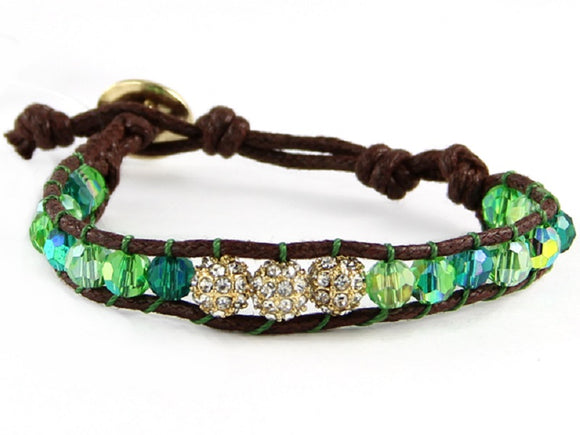 Green Crystal Beaded Leather Bracelet with Gold Pave Ball Charms ( 6545 )