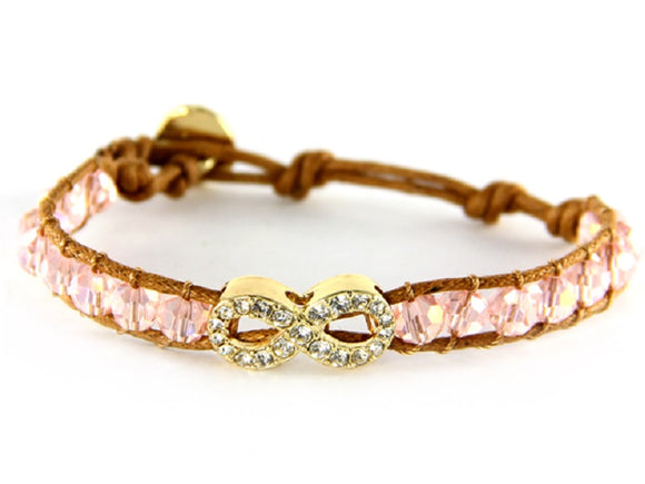 Pink Crystal Beaded Tan Leather Bracelet with Gold Pave Infinity Charm ( 6547 )