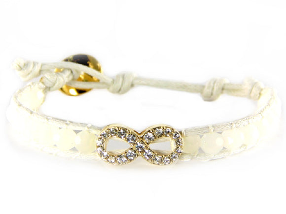 White Crystal Beaded White Leather Bracelet with Gold Pave Infinity Charm ( 6547 )