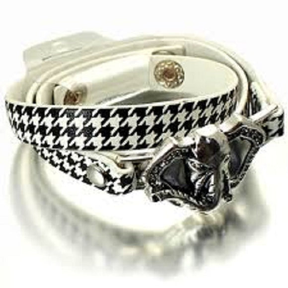 Wrap Around Houndstooth Leather Bracelet with Silver Elephants Clear Rhinestone Elephant