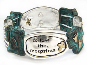 3 Tone Patina, Gold, and Silver "follow the footprints" Inspirational Stretch Bracelet ( 7357 )