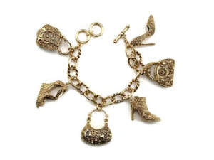 Gold Filigree 2 Sided Handbag and Shoes Fashion Theme Toggle Charm Bracelet ( 9060G )