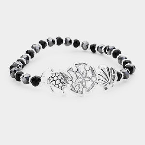 Black Crystal and Silver Beaded Stretch Bracelet with Sea Life Charm ( 9631 )
