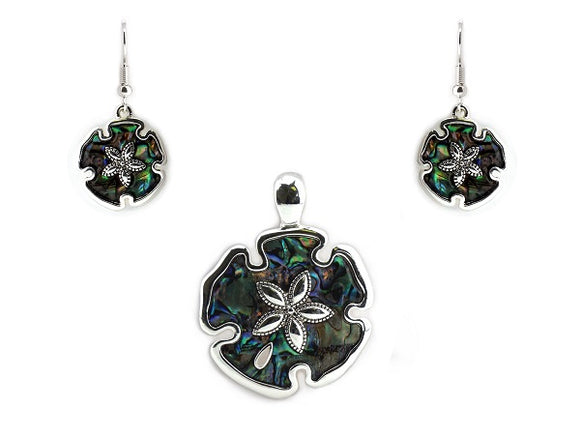 Abalone Sand Dollar Magnetic Pendant with Matching Dangling Earrings ( 1597 )