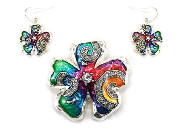 Multi Color Flower Shape Pendant with Matching Earrings ( 0872 )