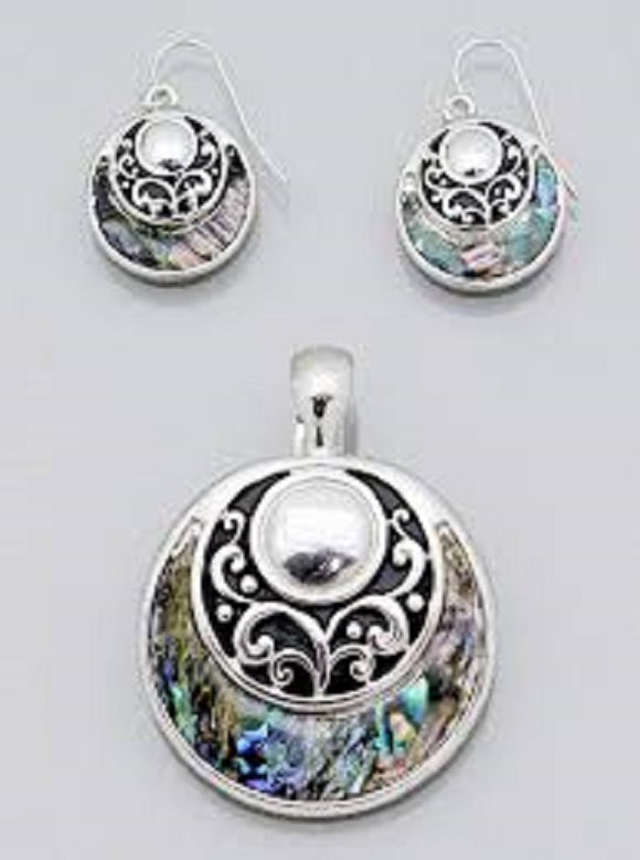 Round Abalone and Filigree Magnetic Pendant with Matching Dangle Earrings ( 0950 )