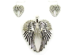 Magnetic Silver and Clear Rhinestone Wings Pendant with Earrings(AC 0987)