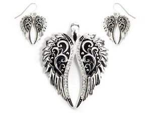Magnetic Silver Rhinestone Filigree Wings Pendant with Earrings ( 1350 )