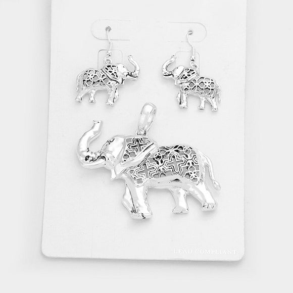 Silver Elephant Cut Out Pendant with Matching Dangle Earrings ( 1547 )