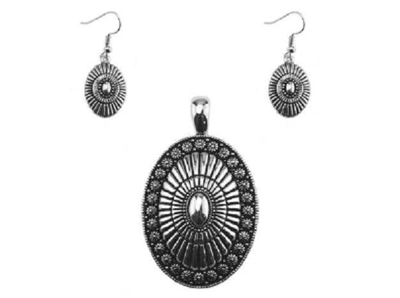 Silver Western Style Oval Magnetic Pendant with Matching Dangle Earrings