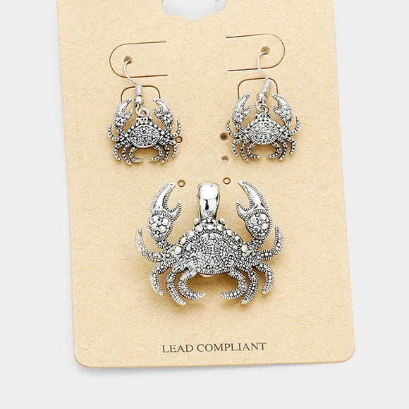 Antique Silver Looking Crab Magnetic Pendant Set ( 1581 )