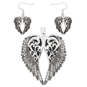 Silver Rhinestone Filigree Wing Theme Magnetic Pendant with Matching Dangling Earrings ( 1594 )