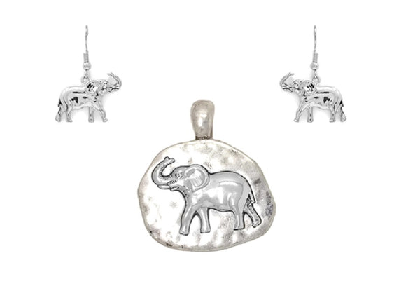 Matte Silver Elephant Magnetic Pendant with Matching Dangle Earrings ( 1624 )
