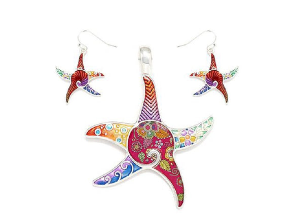 Multi Color Starfish Epoxy Pendant with Matching Dangle Earrings ( 1637 )