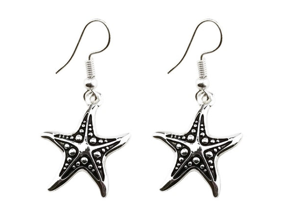 Silver Starfish Dangling Fish Hook Earrings ( 1852 )