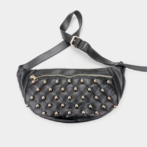 Gold Studded Black Quilted Leather Fanny Pack ( 1033 )