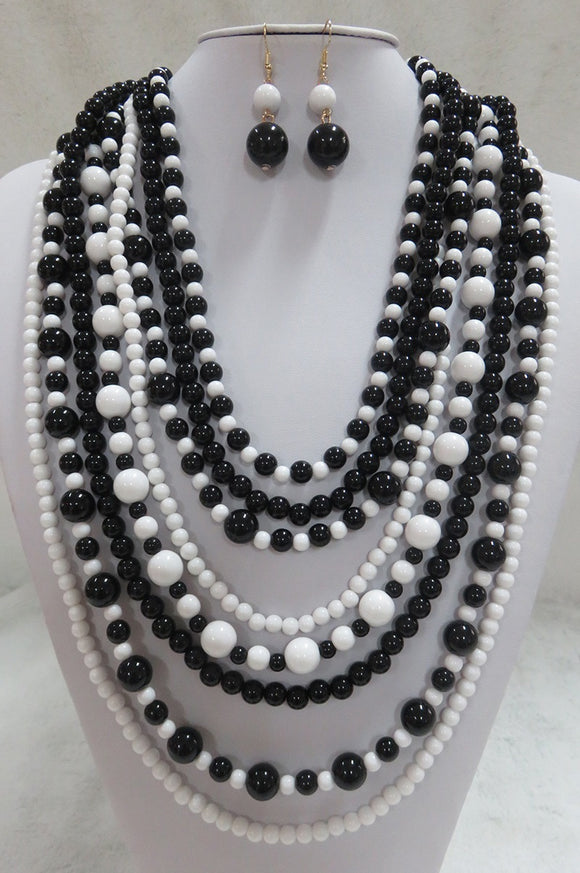 BLACK WHITE MULTI LAYERED NECKLACE WITH EARRINGS ( 556 BKWT )