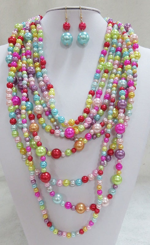 LIGHT MULTI COLORED MULTI LAYERED NECKLACE WITH EARRINGS ( 556 LMT )