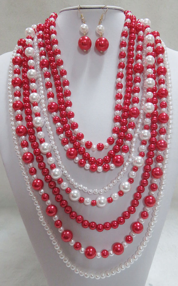 8 STRAND RED WHITE PEARL NECKLACE SET ( 556 RDWT )