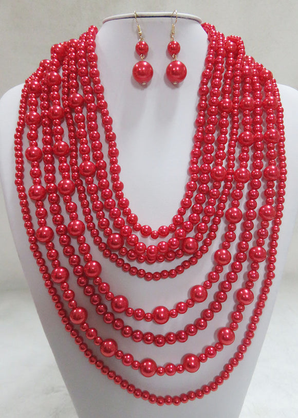 8 STRAND RED PEARL NECKLACE SET ( 556 RD )
