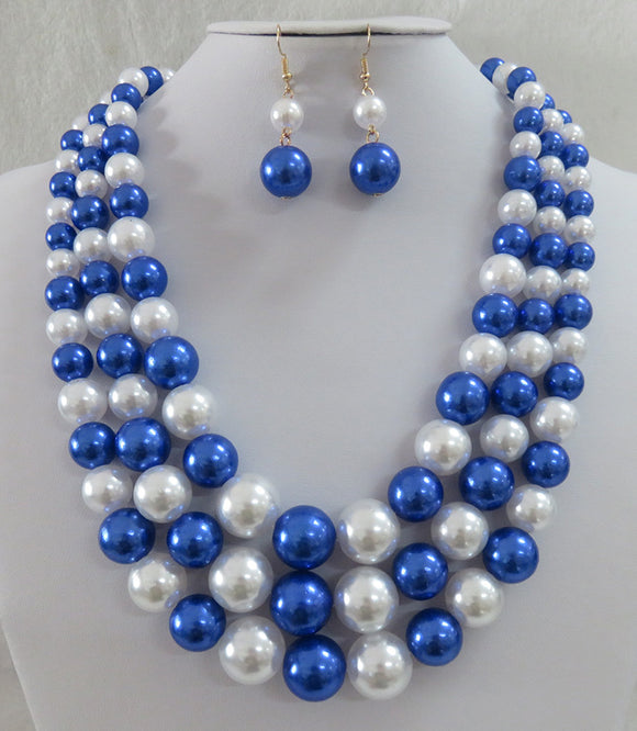 3 STRAND BLUE WHITE PEARL NECKLACE SET ( 593 BLWT )