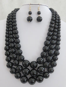 3 STRAND BLACK BALL NECKLACE SET ( 593 JET )