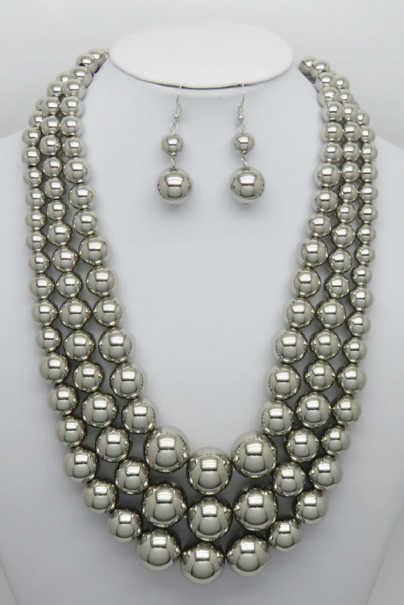 3 STRAND SILVER BALL NECKLACE SET ( 593 S )
